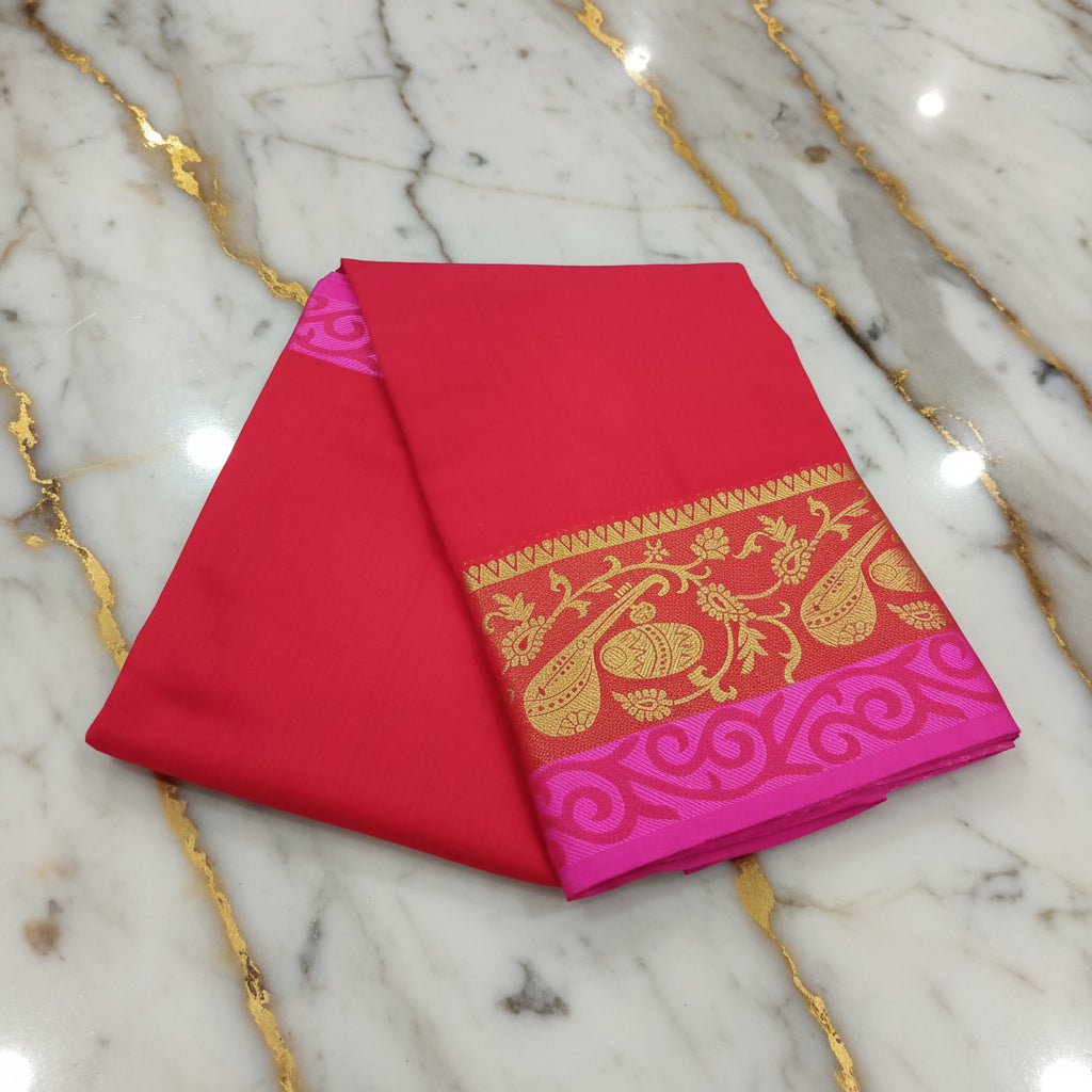 Silk Cotton Saree with intricate weaving border and pallu in Pinkish Red Color with Gold zari thread weaving and Size 38 Saree blouse