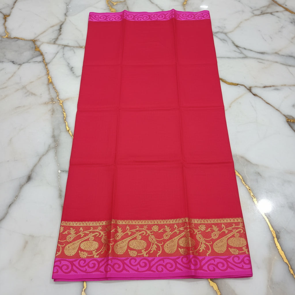 Silk Cotton Saree with intricate weaving border and pallu in Pinkish Red Color with Gold zari thread weaving and Size 38 Saree blouse