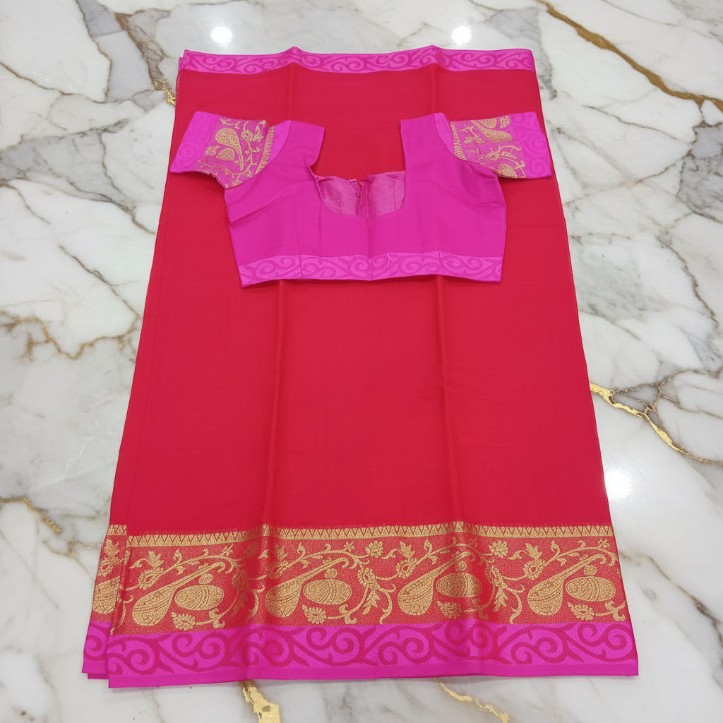 Silk Cotton Saree with intricate weaving border and pallu in Pinkish Red Color with Gold zari thread weaving and Size 38 Saree blouse
