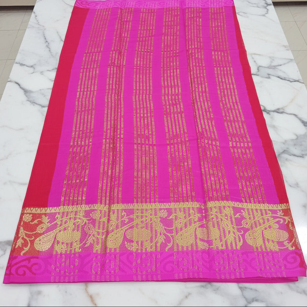 Silk Cotton Saree with intricate weaving border and pallu in Pinkish Red Color with Gold zari thread weaving and Size 38 Saree blouse