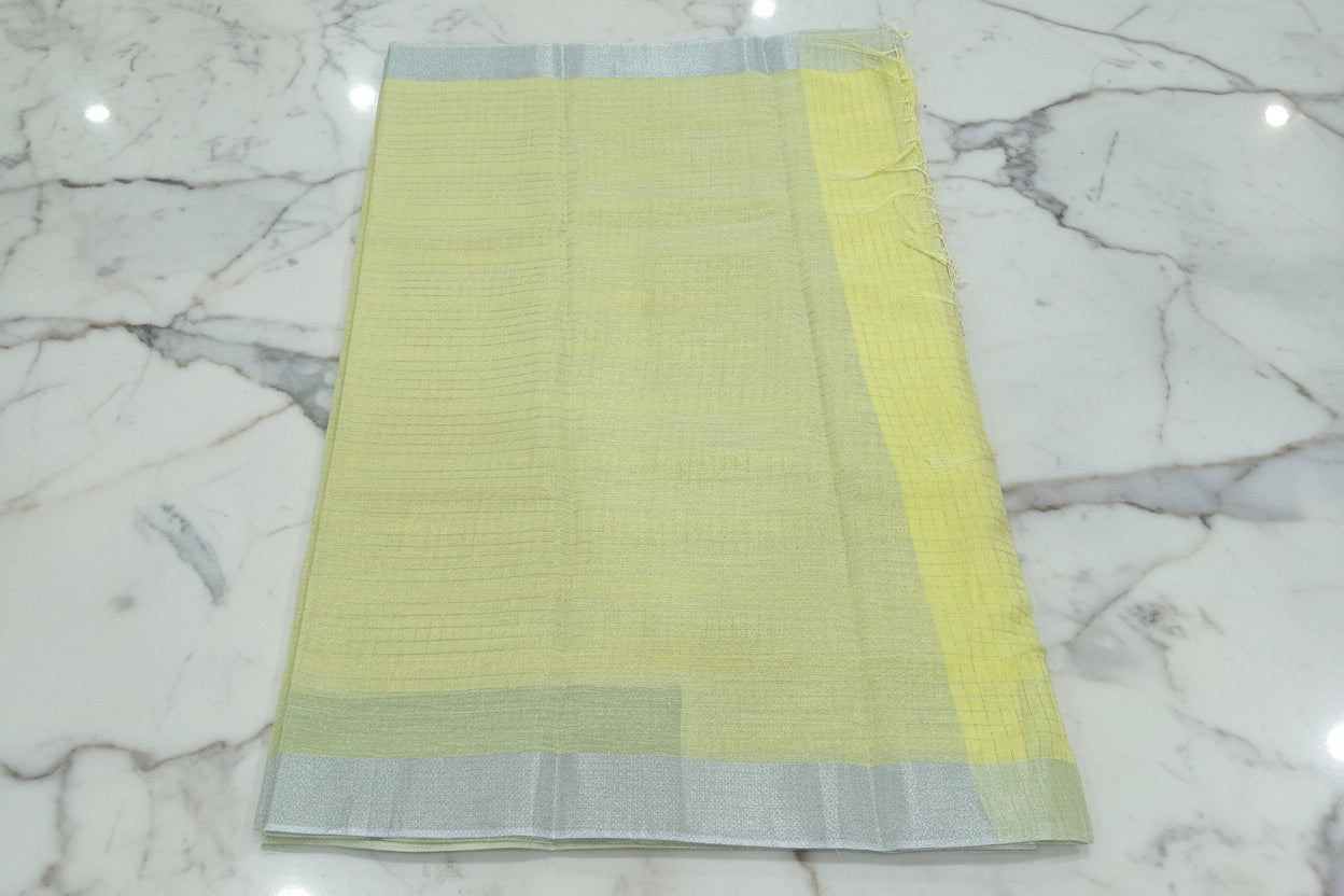Silk Cotton Saree with Silver Lines Zari all over saree and Border in Yellow color