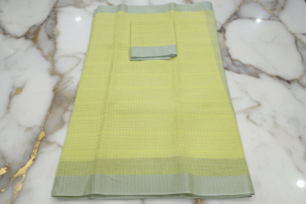 Silk Cotton Saree with Silver Lines Zari all over saree and Border in Yellow color