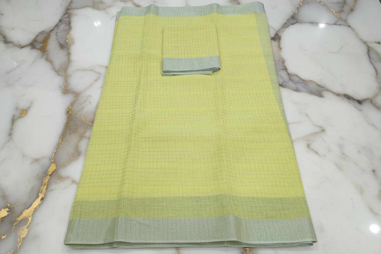 Silk Cotton Saree with Silver Lines Zari all over saree and Border in Yellow color