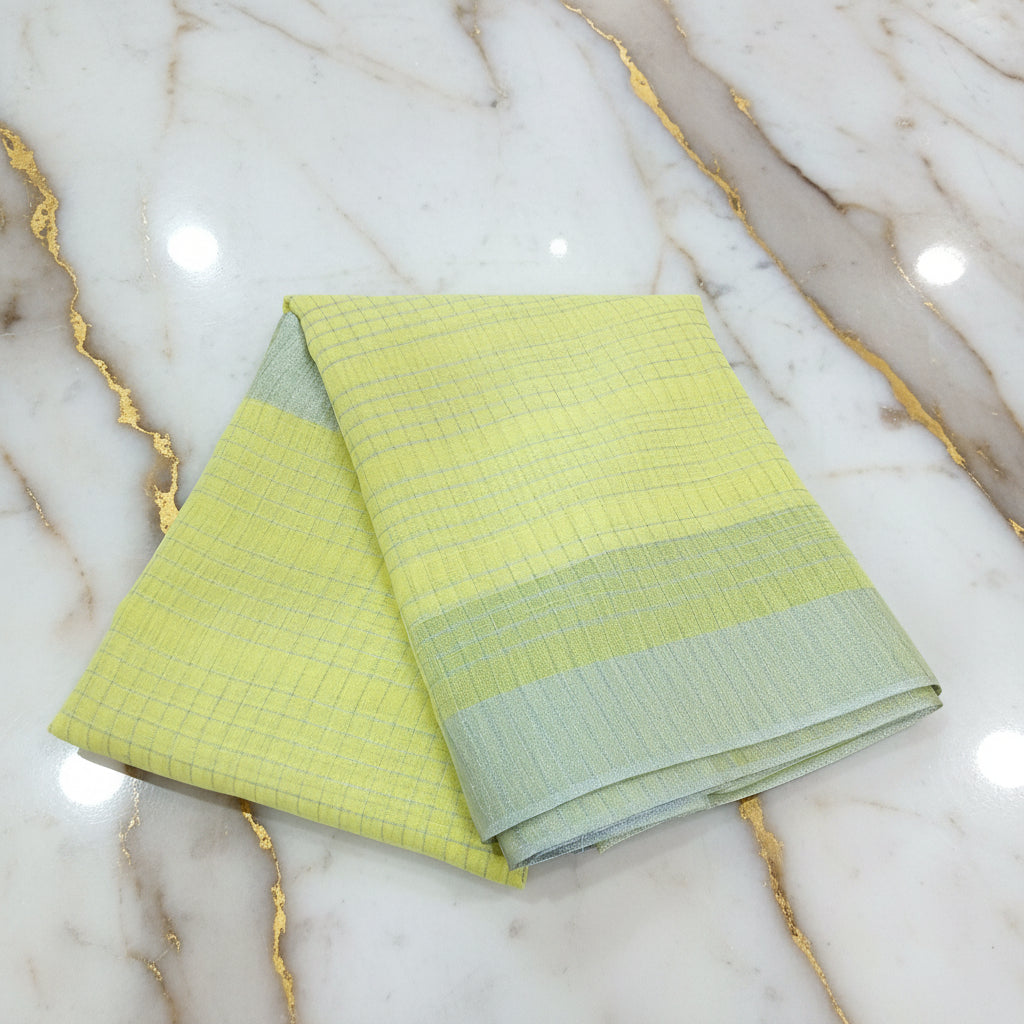 Silk Cotton Saree with Silver Lines Zari all over saree and Border in Yellow color