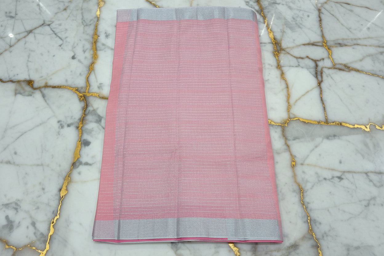 Silk Cotton Saree with Silver Lines Zari all over saree and Border in Pink color