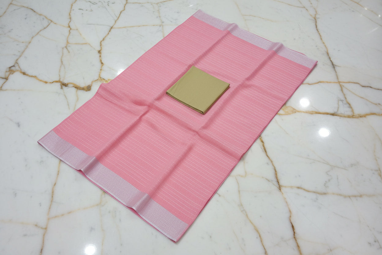 Silk Cotton Saree with Silver Lines Zari all over saree and Border in Pink color