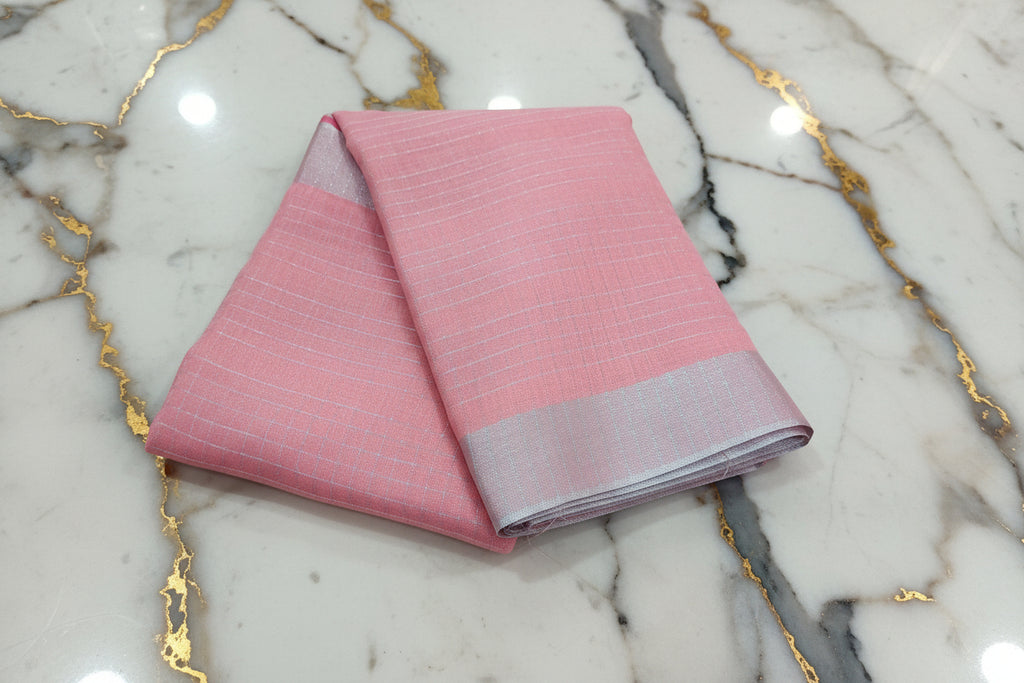 Silk Cotton Saree with Silver Lines Zari all over saree and Border in Pink color