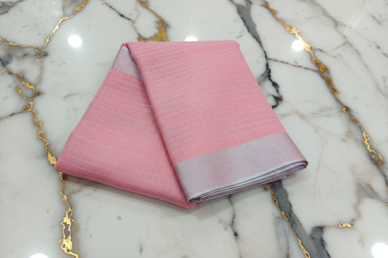 Silk Cotton Saree with Silver Lines Zari all over saree and Border in Pink color