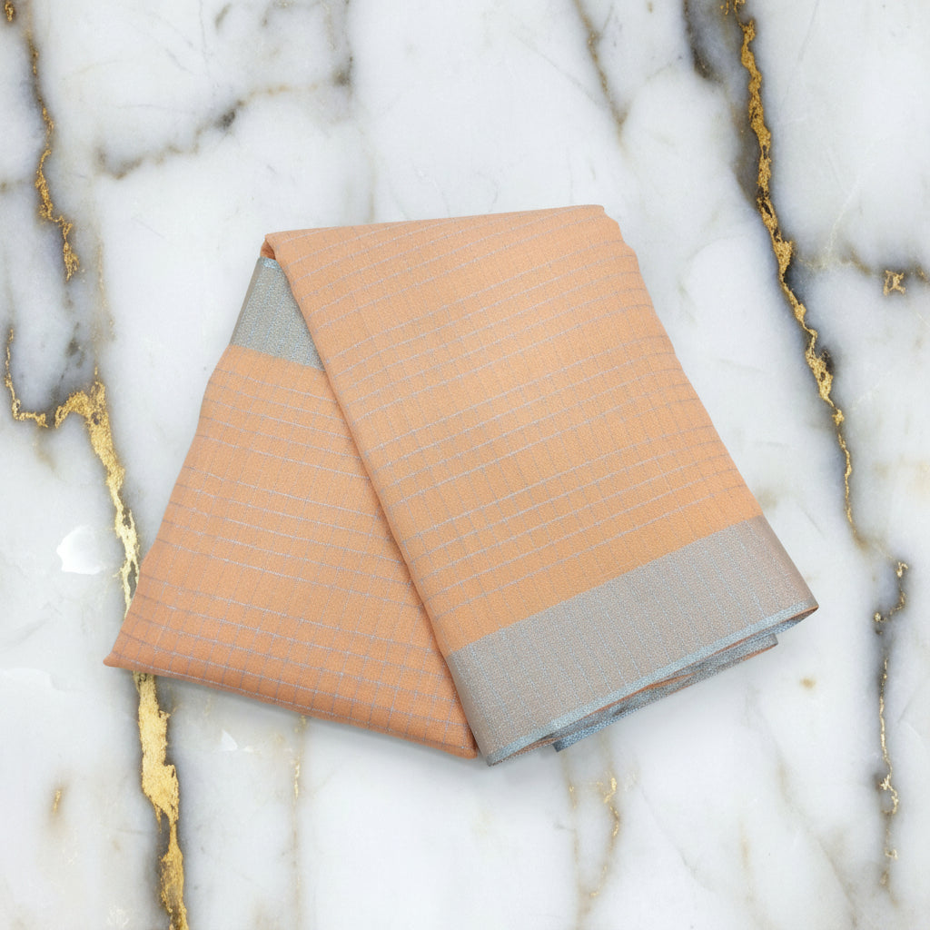 Silk Cotton Saree with Silver Lines Zari all over saree and Border in Peach color