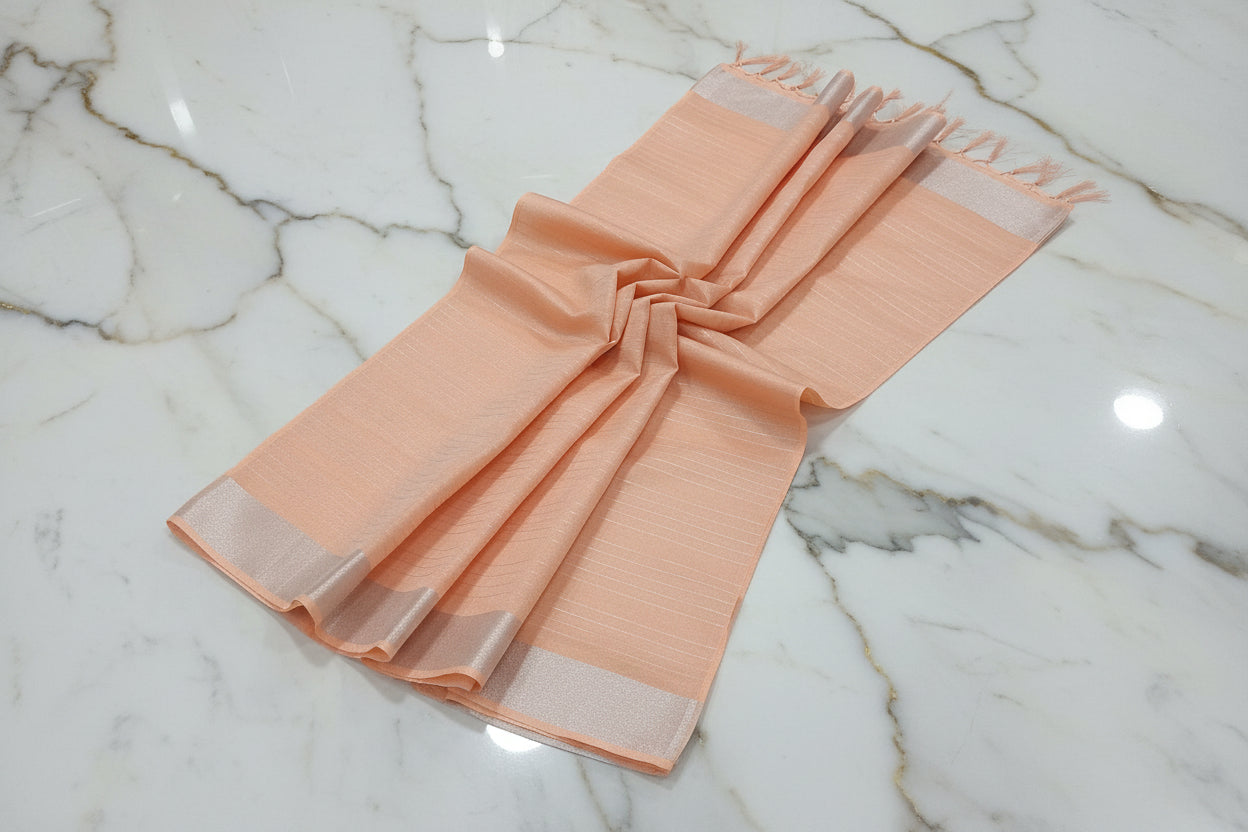 Silk Cotton Saree with Silver Lines Zari all over saree and Border in Peach color