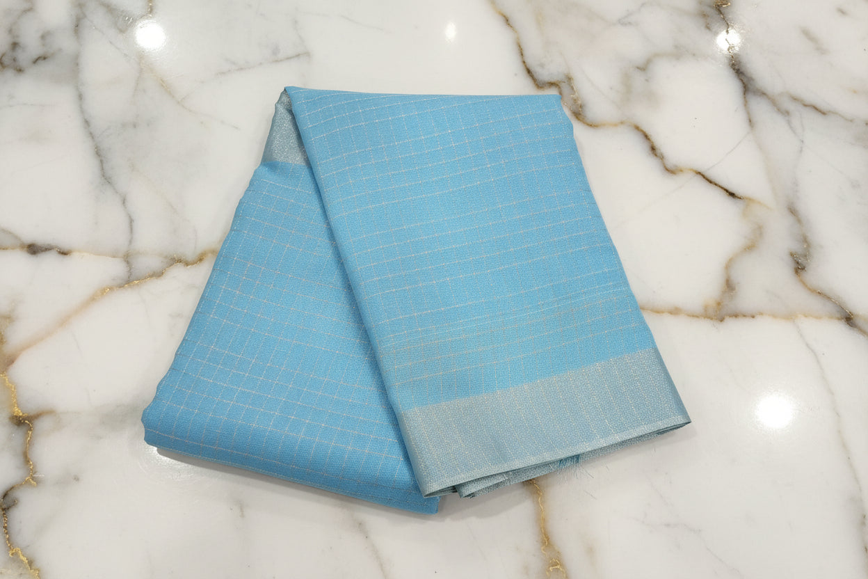 Silk Cotton Saree with Silver Lines Zari all over saree and Border in Light Blue color