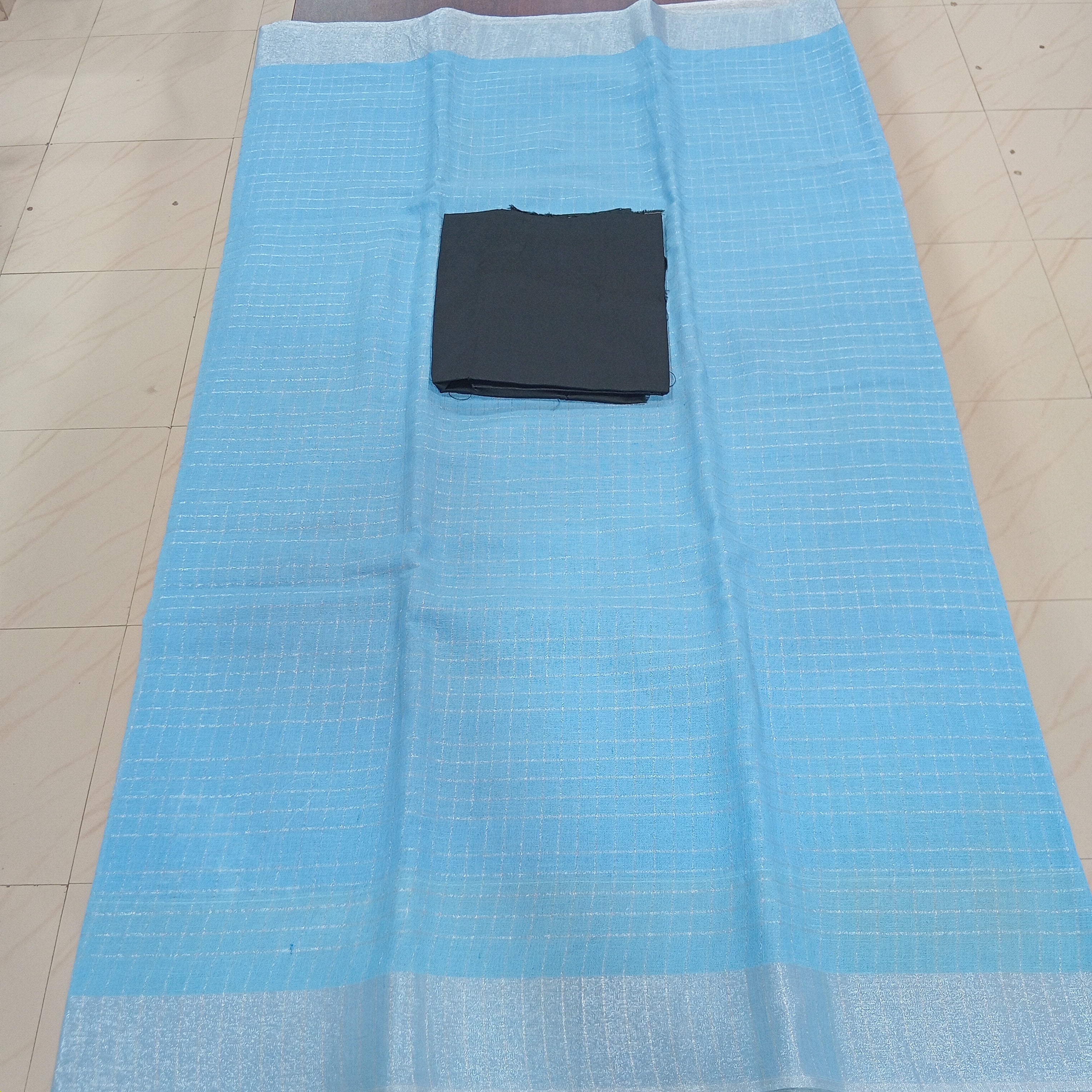 Silk Cotton Saree with Silver Lines Zari all over saree and Border in Light Blue color