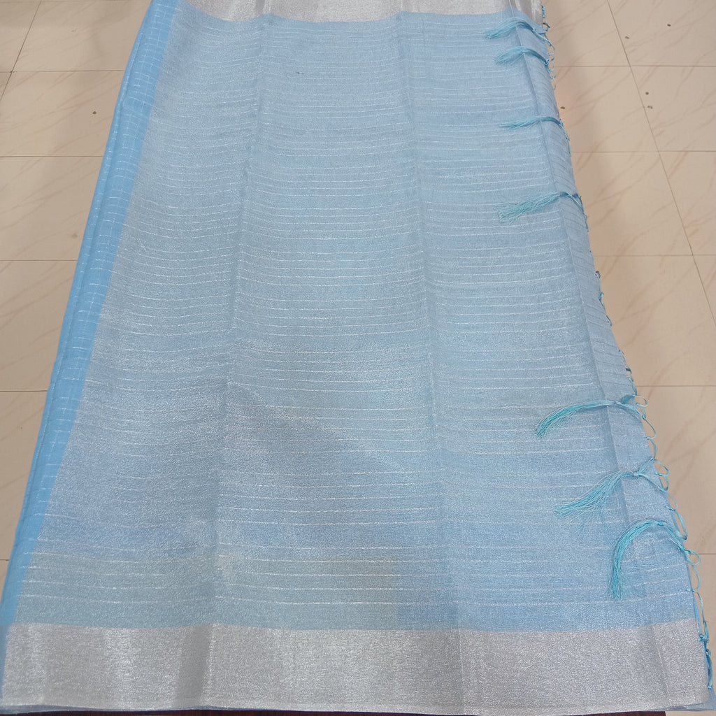 Silk Cotton Saree with Silver Lines Zari all over saree and Border in Light Blue color