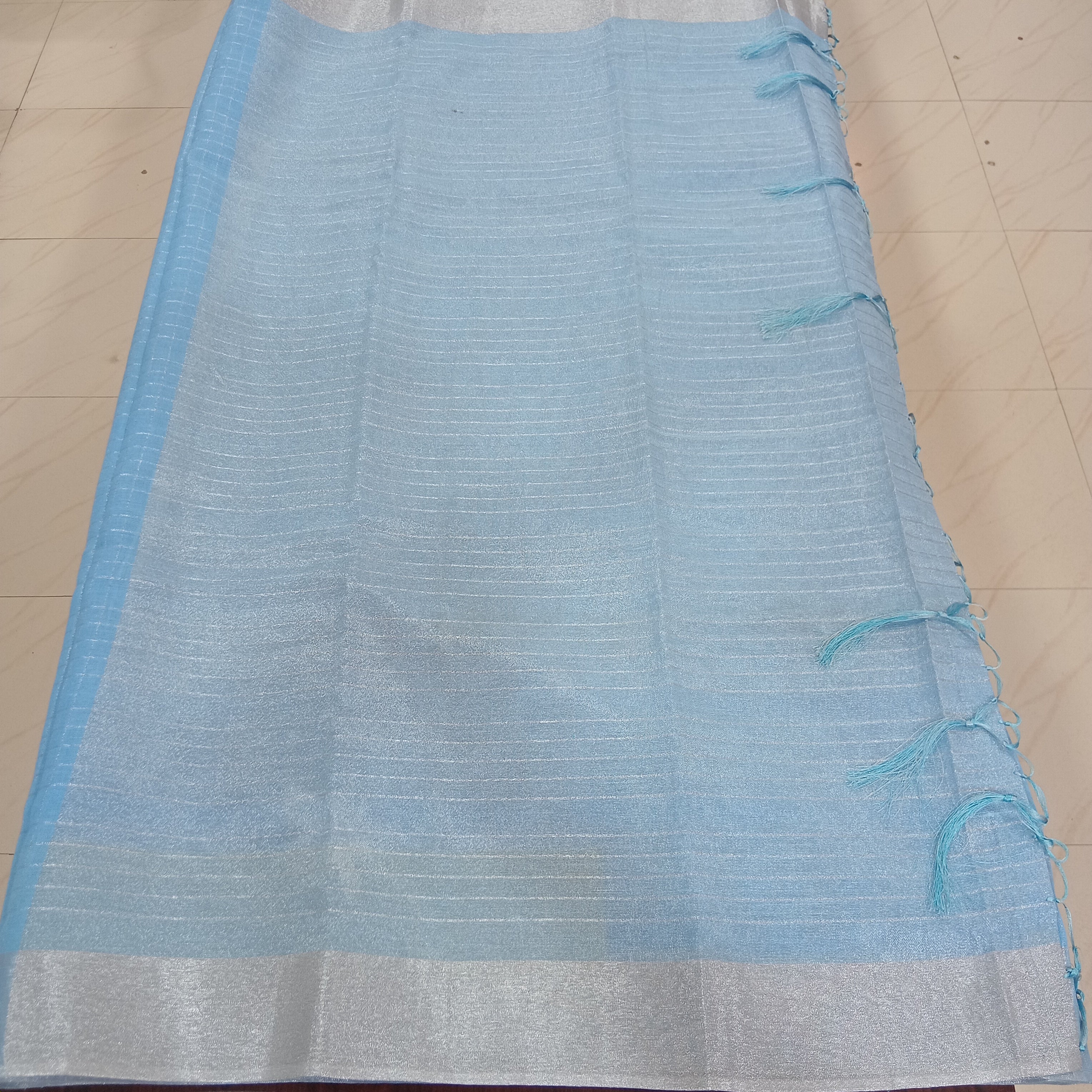 Silk Cotton Saree with Silver Lines Zari all over saree and Border in Light Blue color