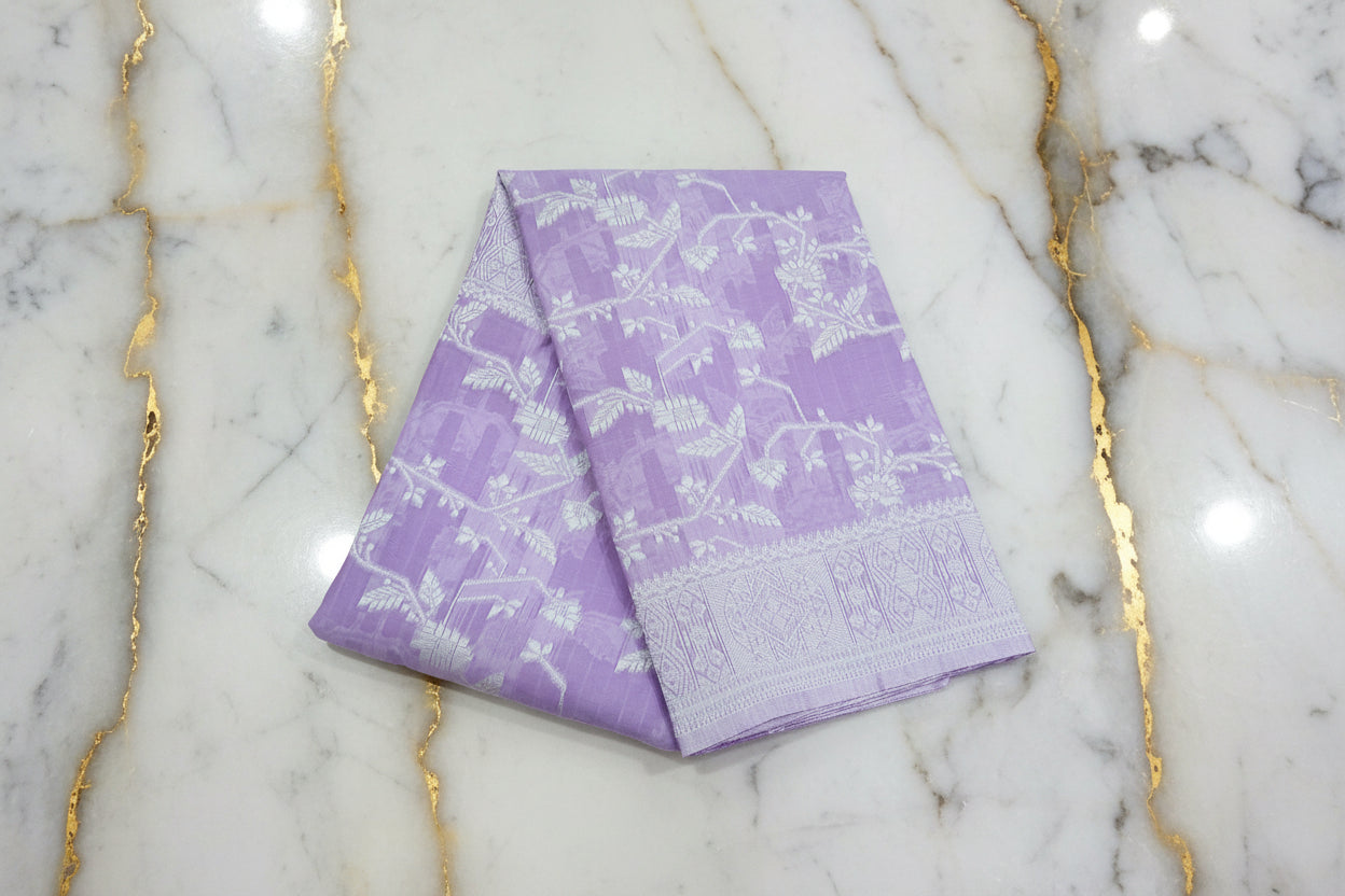 Silk Cotton Saree with floral pattern all over saree and Border in Light Purple color