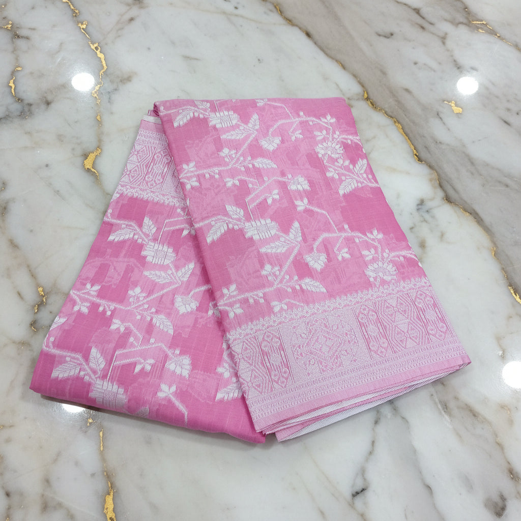 Silk Cotton Saree with floral pattern all over saree and Border in Light Pink color
