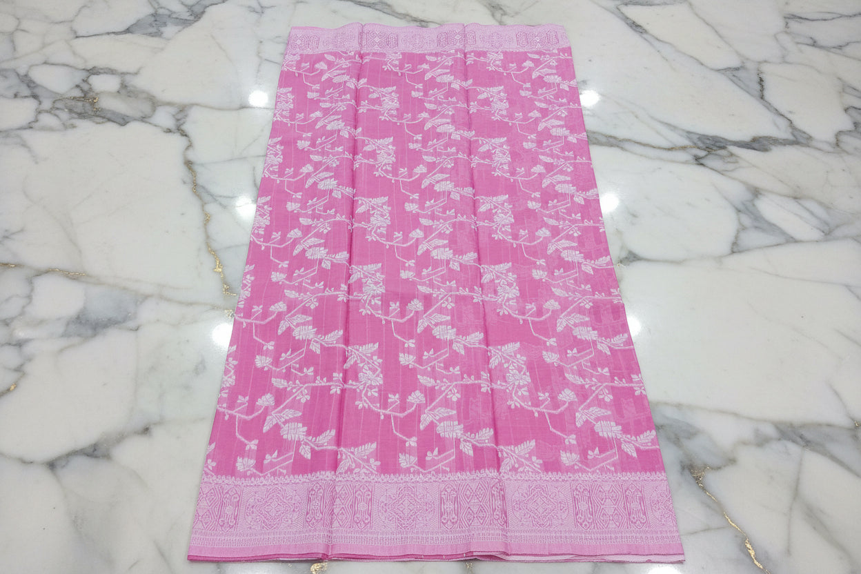 Silk Cotton Saree with floral pattern all over saree and Border in Light Pink color