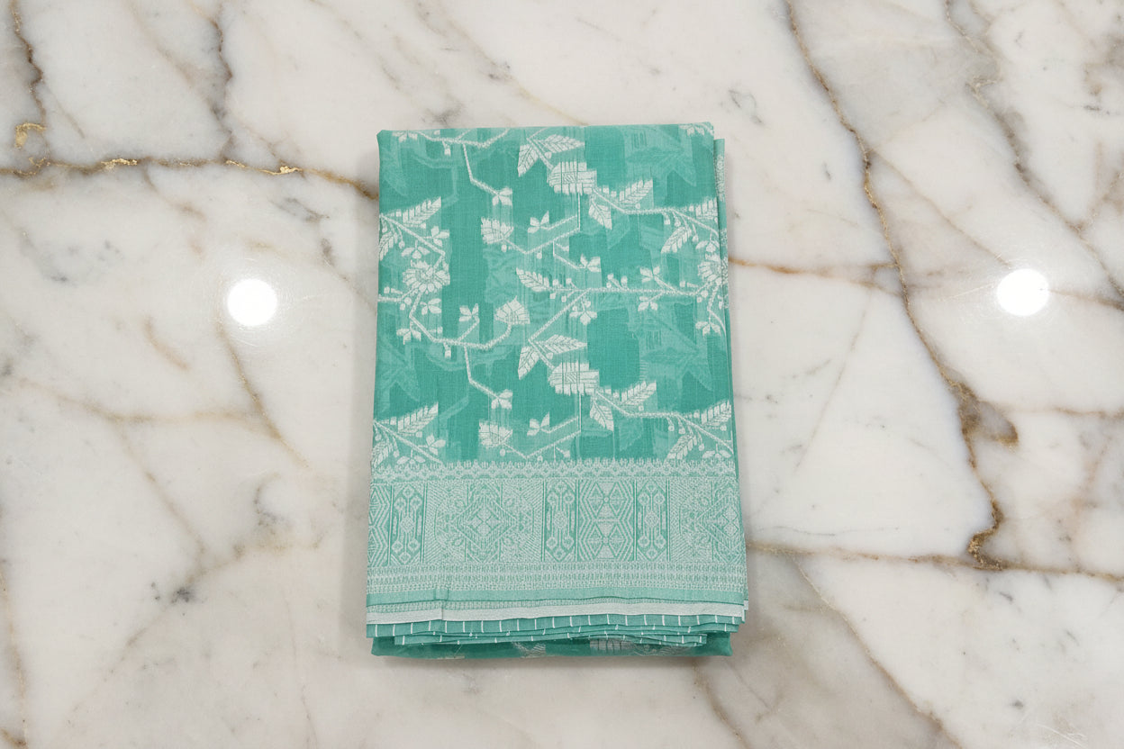 Silk Cotton Saree with floral pattern all over saree and Border in Light Green color