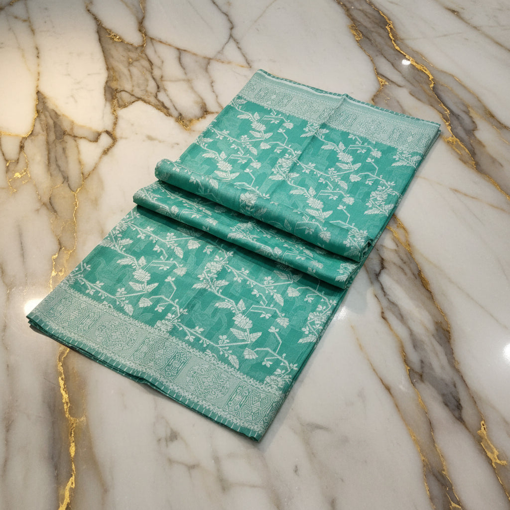 Silk Cotton Saree with floral pattern all over saree and Border in Light Green color