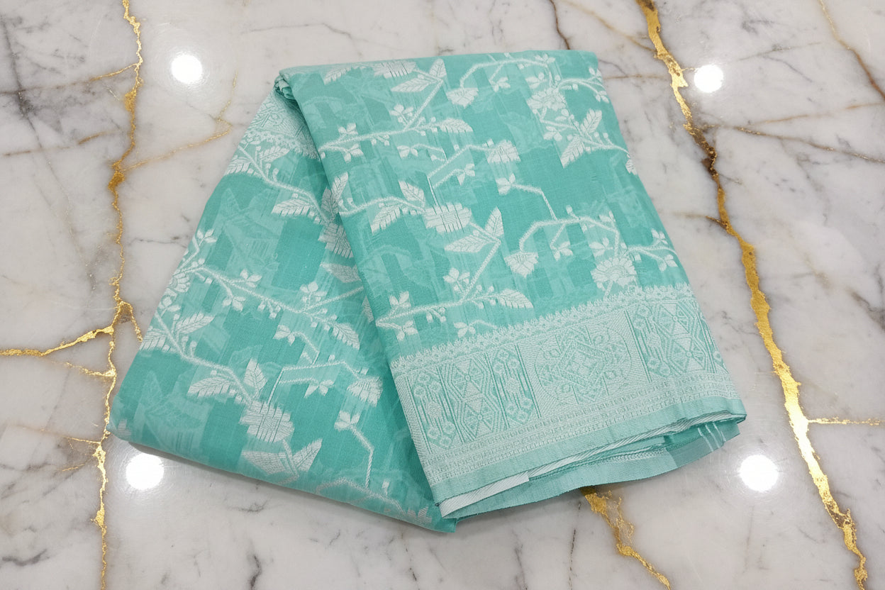Silk Cotton Saree with floral pattern all over saree and Border in Light Green color