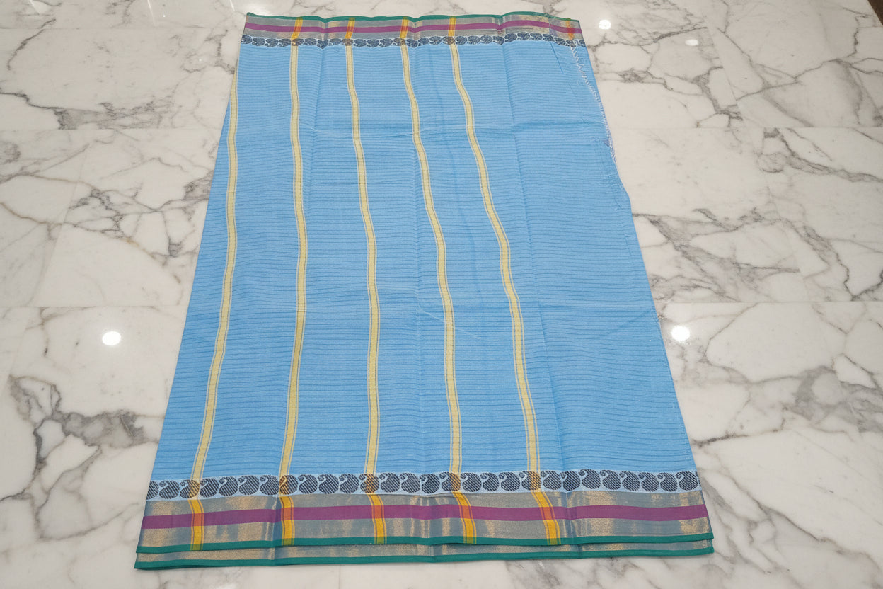 Silk Cotton Saree with floral pattern Border Gold Zari in Light Blue Color