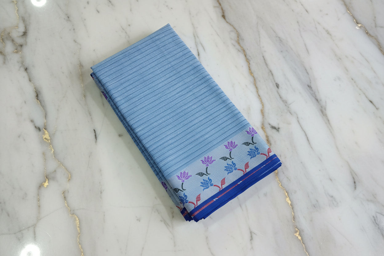 Silk Cotton Saree with floral pattern Border Lotus flower in Blue Color