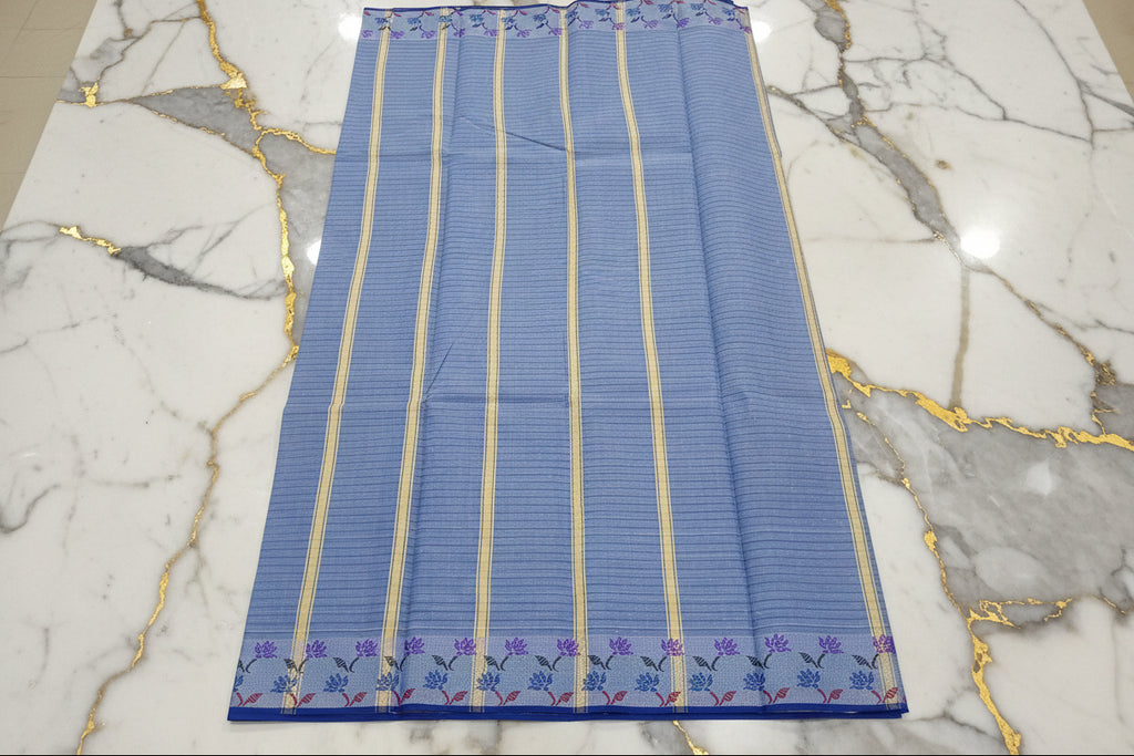 Silk Cotton Saree with floral pattern Border Lotus flower in Blue Color