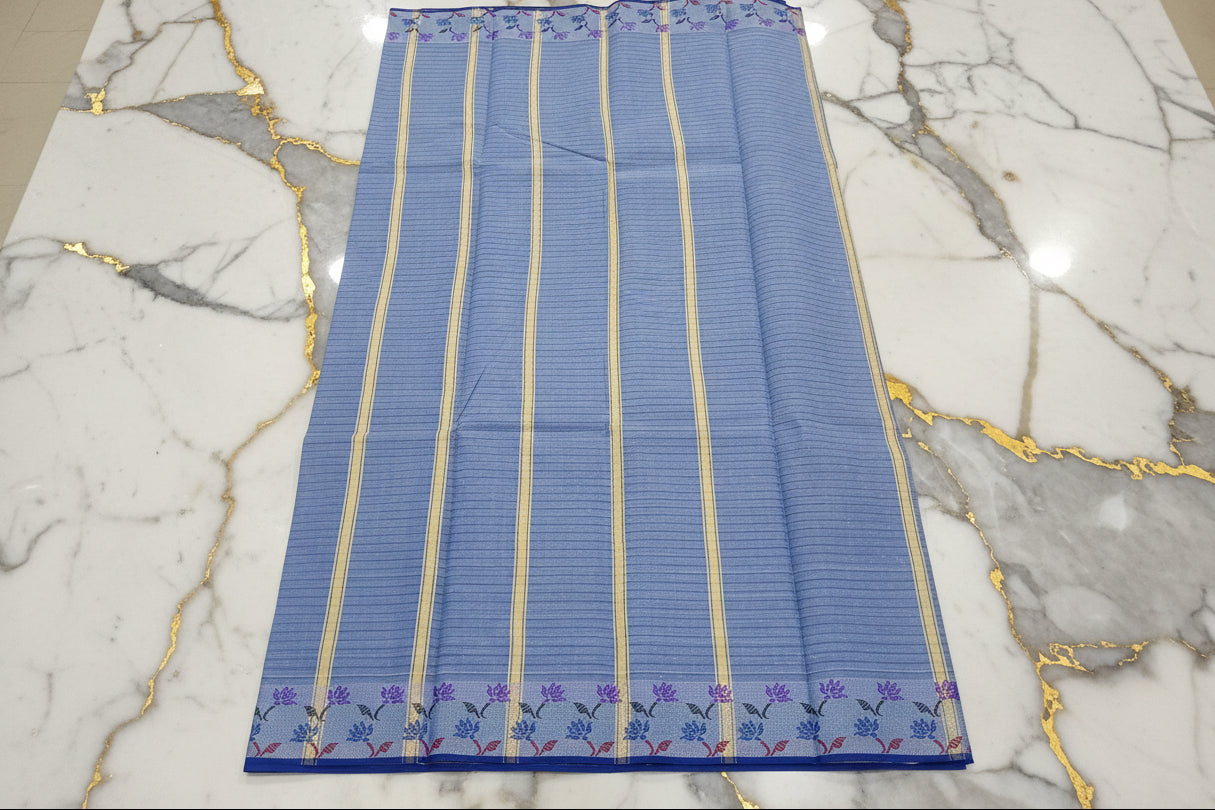 Silk Cotton Saree with floral pattern Border Lotus flower in Blue Color
