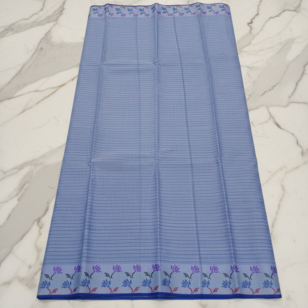 Silk Cotton Saree with floral pattern Border Lotus flower in Blue Color