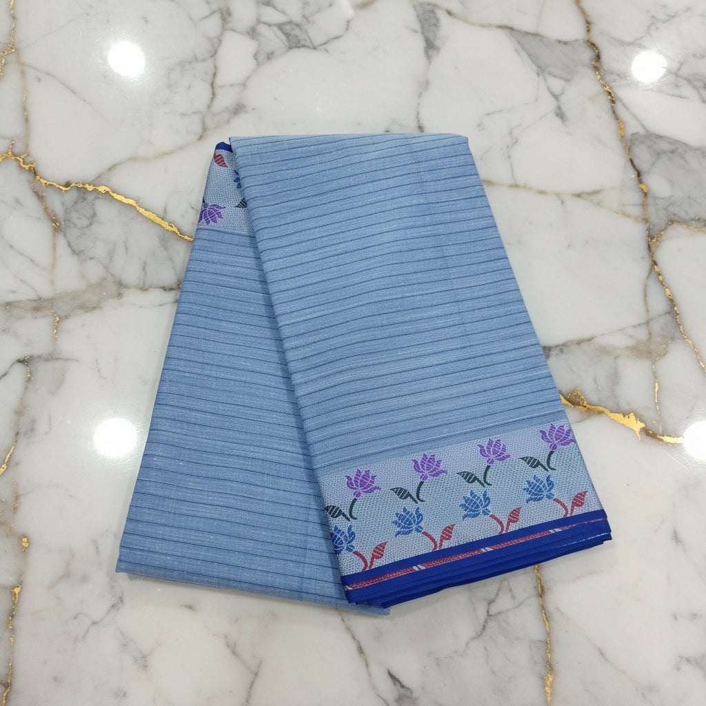 Silk Cotton Saree with floral pattern Border Lotus flower in Blue Color