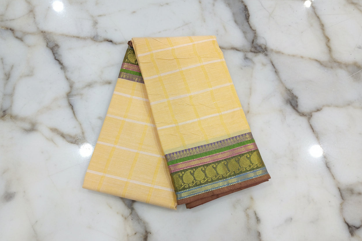 Silk Cotton Saree with floral pattern Border Gold Zari in Yellow Color