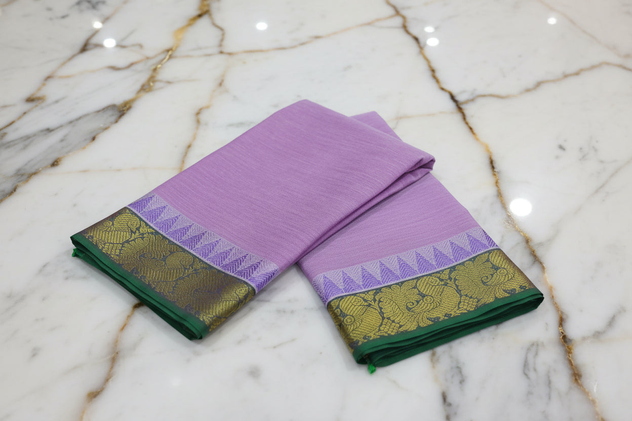 Silk Cotton Saree with floral pattern Border Gold Zari in Purple Color