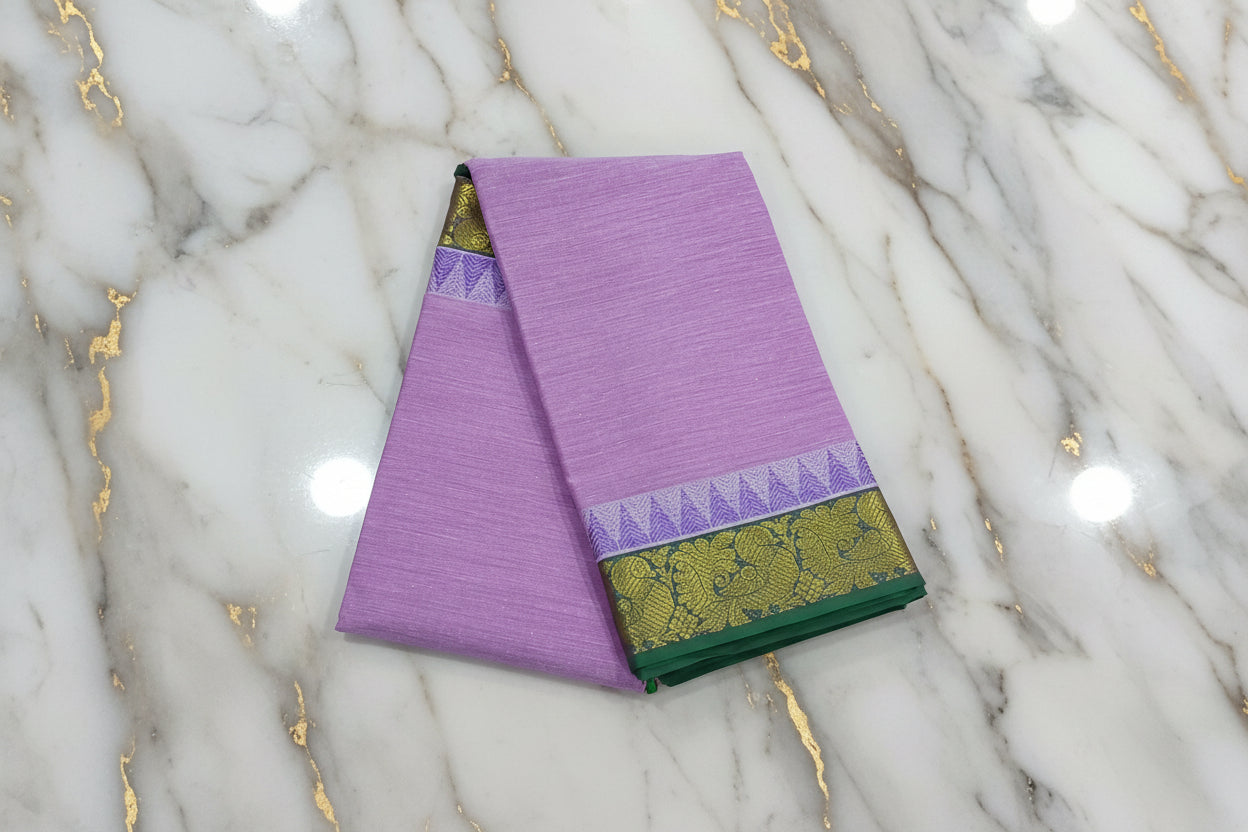 Silk Cotton Saree with floral pattern Border Gold Zari in Purple Color