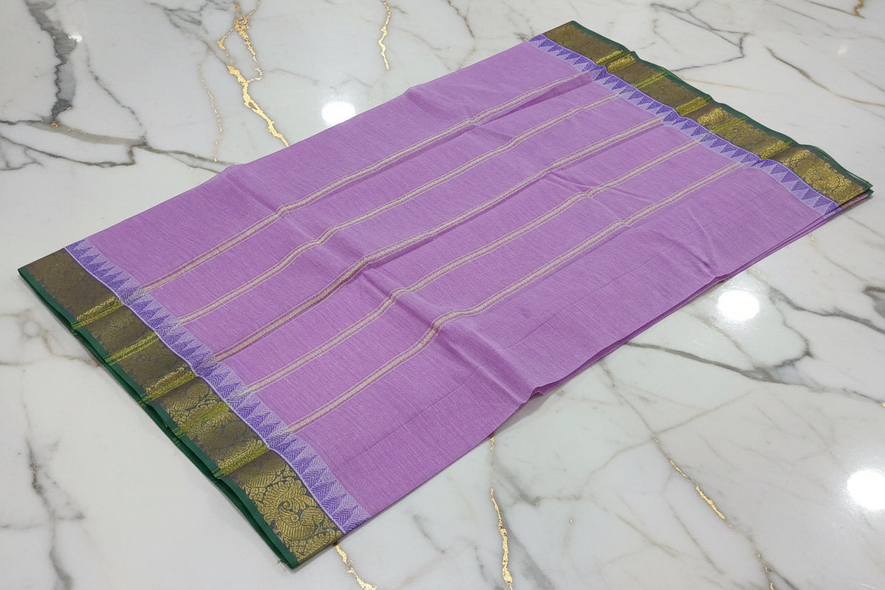 Silk Cotton Saree with floral pattern Border Gold Zari in Purple Color