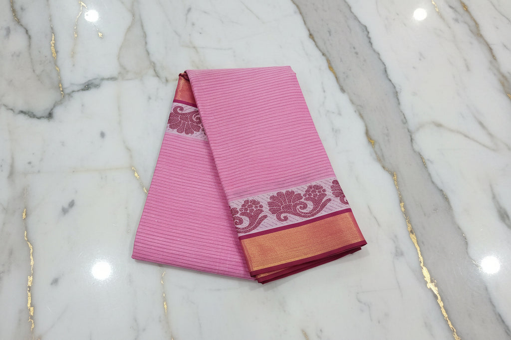 Silk Cotton Saree with floral pattern Border Gold Zari in Pink Color