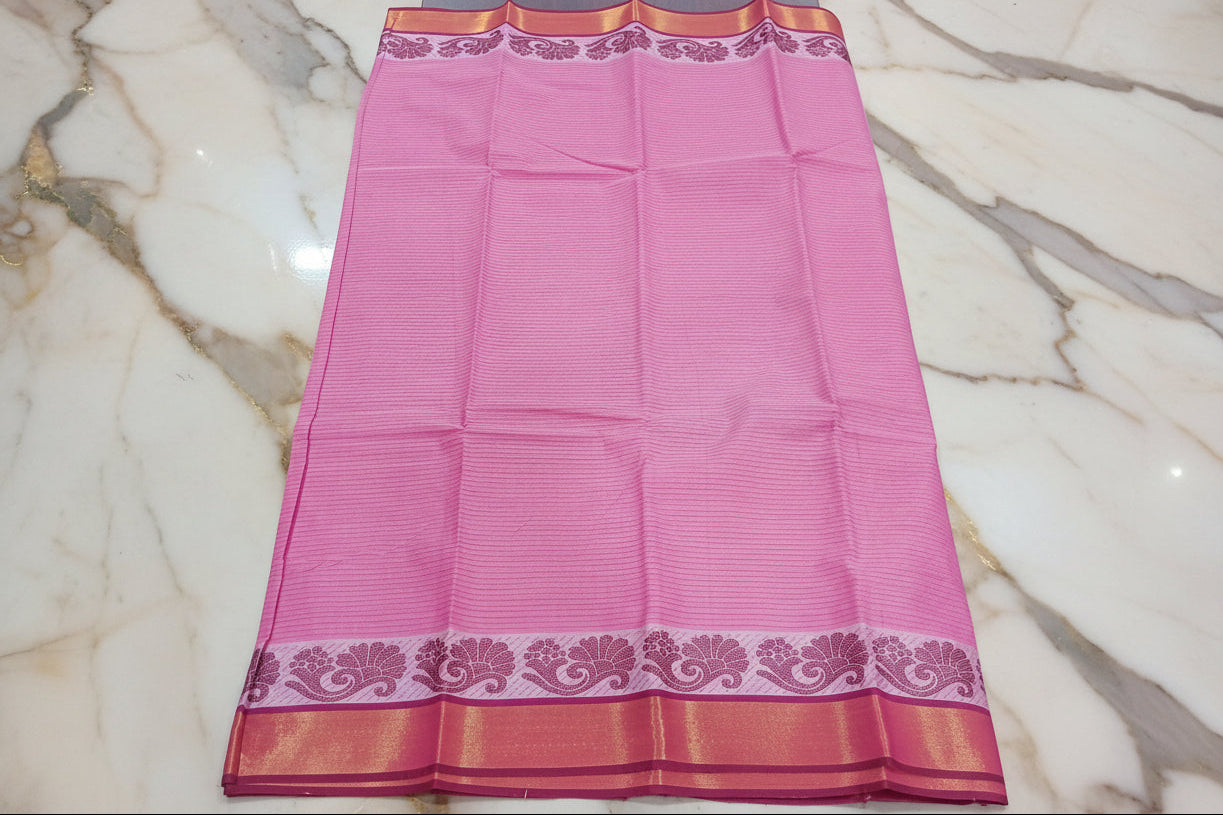 Silk Cotton Saree with floral pattern Border Gold Zari in Pink Color