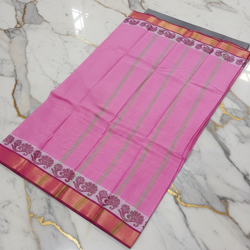 Silk Cotton Saree with floral pattern Border Gold Zari in Pink Color