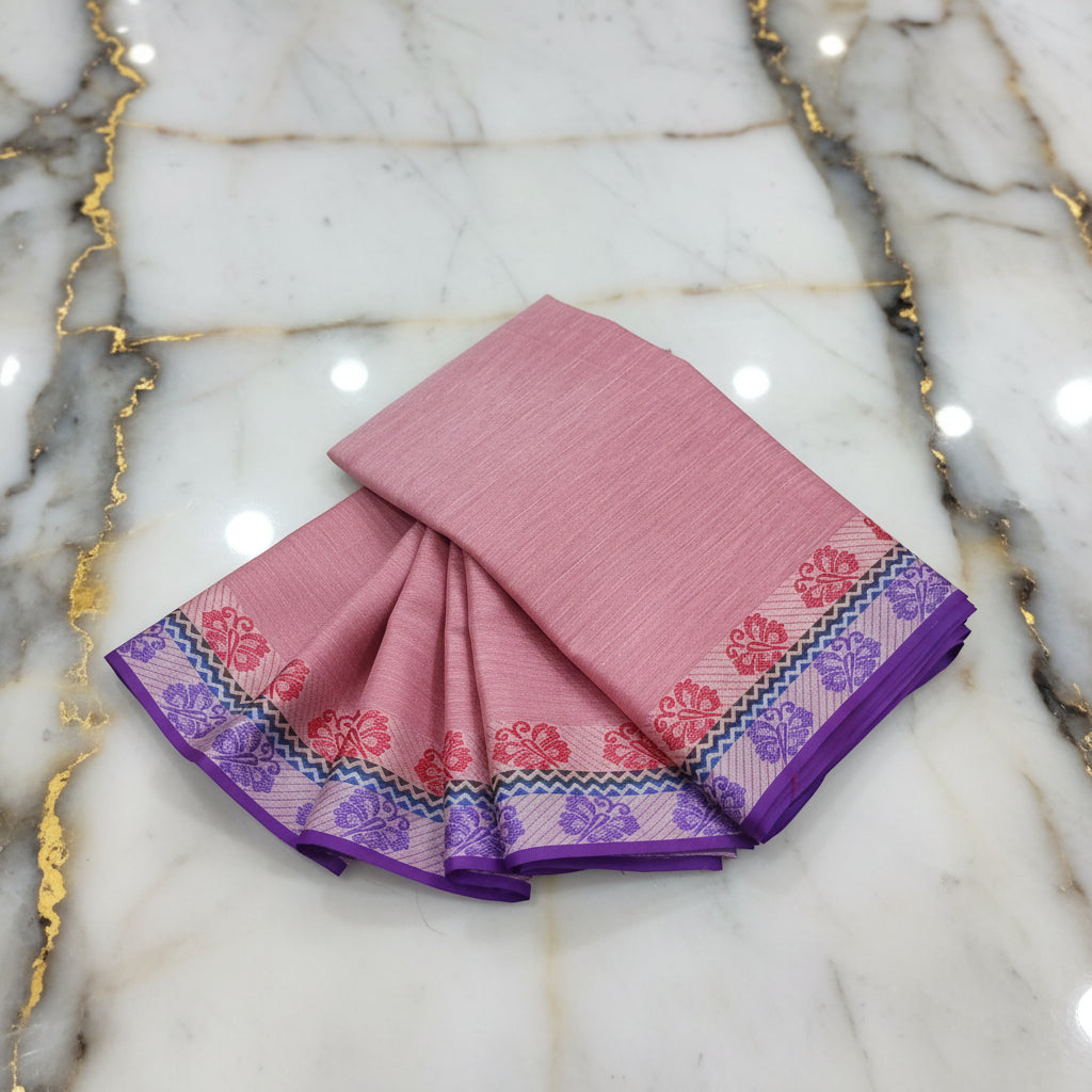 Silk Cotton Saree with floral pattern Border in Pink Color