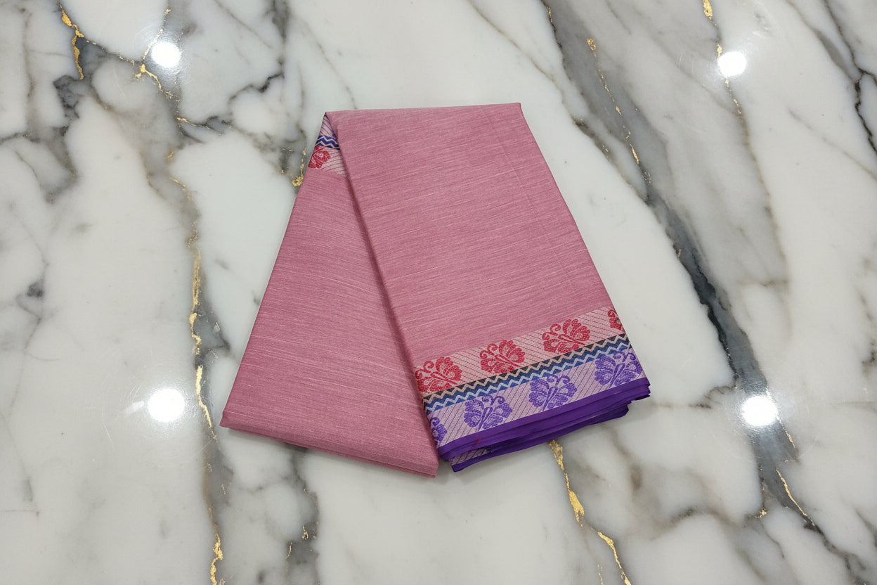 Silk Cotton Saree with floral pattern Border in Pink Color