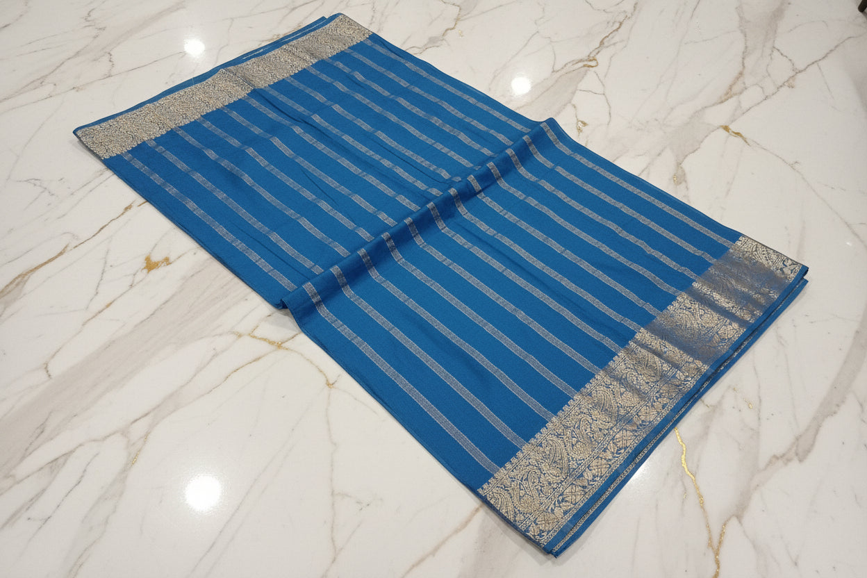 Mysore Silk Plain Saree with classic Gold Zari border in Blue Color