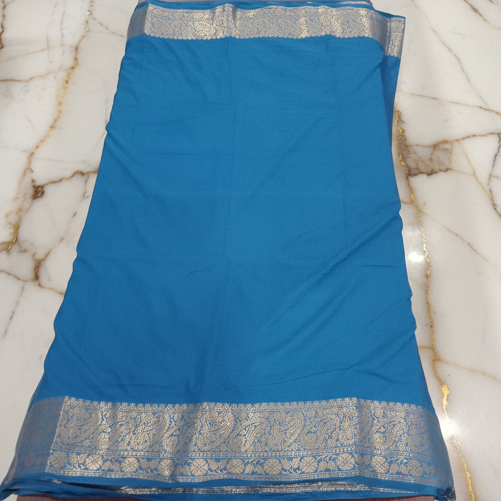 Mysore Silk Plain Saree with classic Gold Zari border in Blue Color