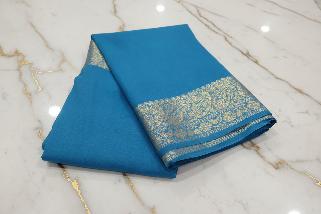 Mysore Silk Plain Saree with classic Gold Zari border in Blue Color