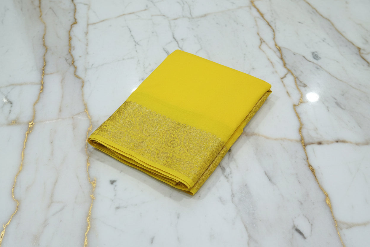 Mysore Silk Plain Saree with classic Gold Zari border in Yellow Color