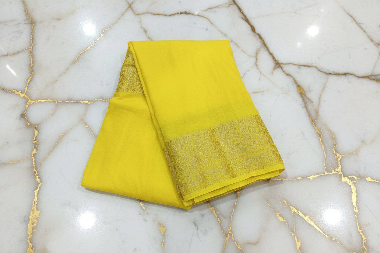 Mysore Silk Plain Saree with classic Gold Zari border in Yellow Color