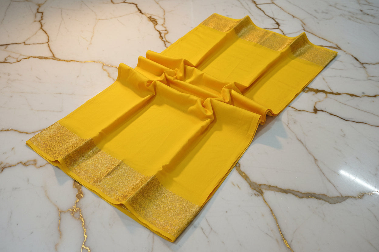 Mysore Silk Plain Saree with classic Gold Zari border in Yellow Color