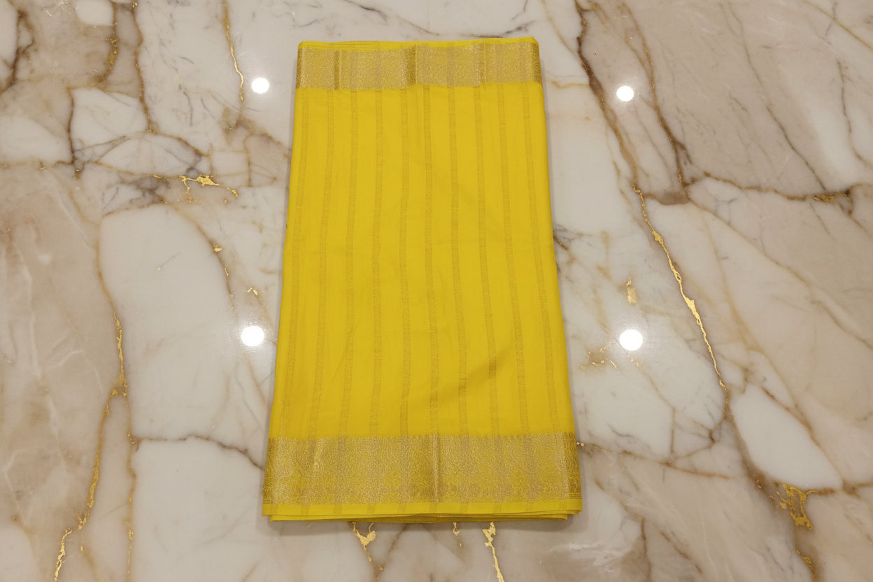 Mysore Silk Plain Saree with classic Gold Zari border in Yellow Color