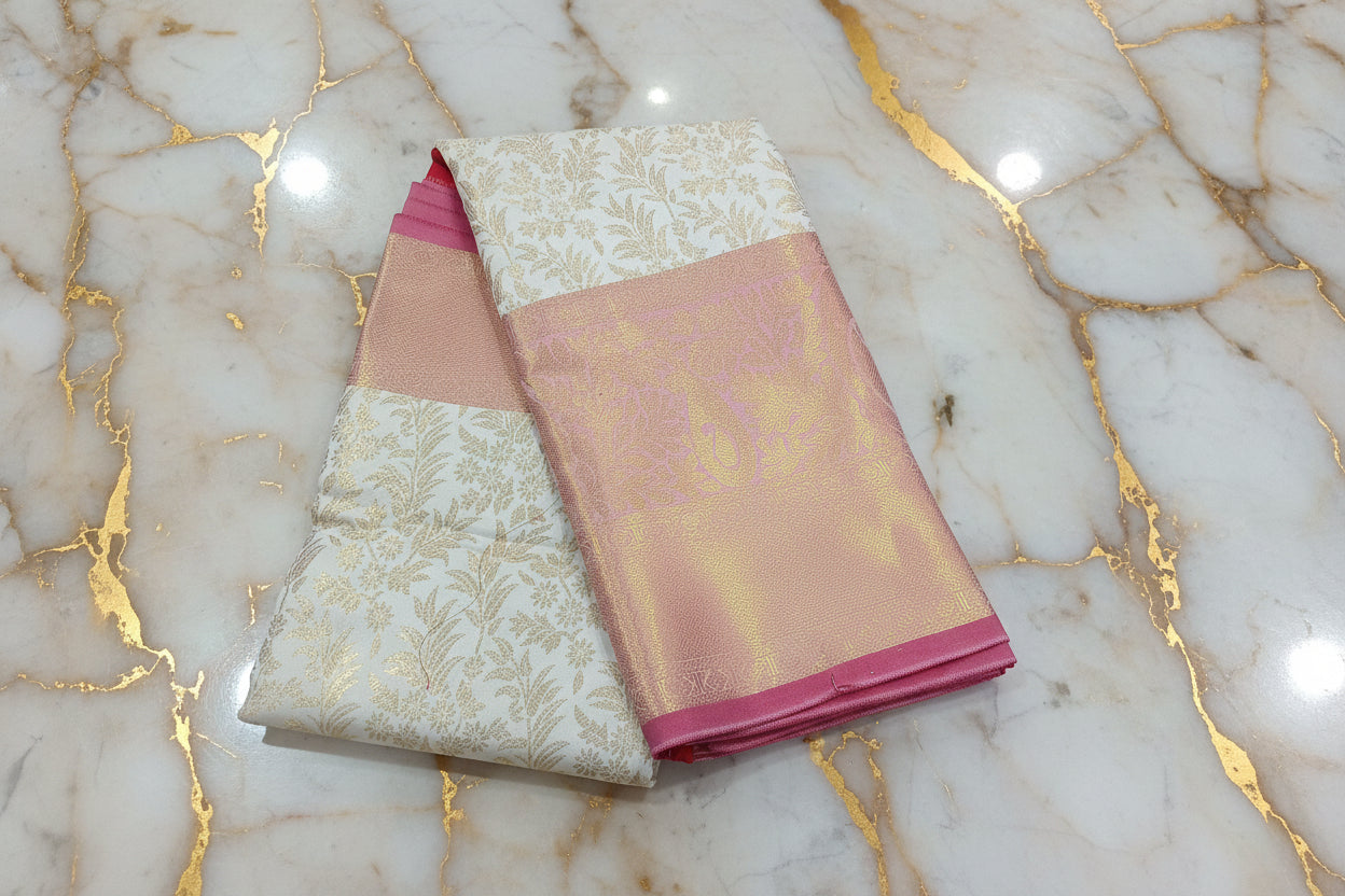 Kanchipuram Silk Saree with full gold zari weaving in Light Cream color in contrast color border