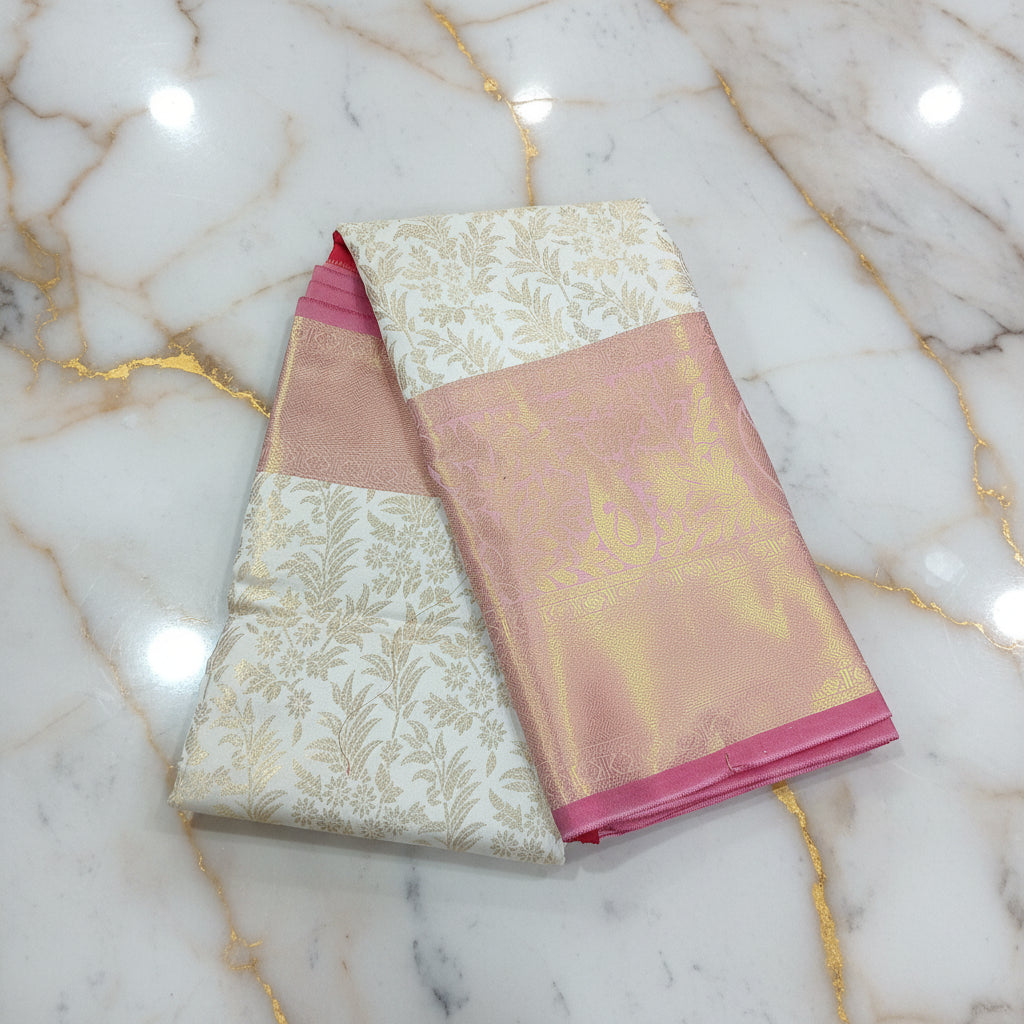 Kanchipuram Silk Saree with full gold zari weaving in Light Cream color in contrast Pink Gold color border