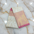 Kanchipuram Silk Saree with full gold zari weaving in Light Cream color in contrast Pink Gold color border