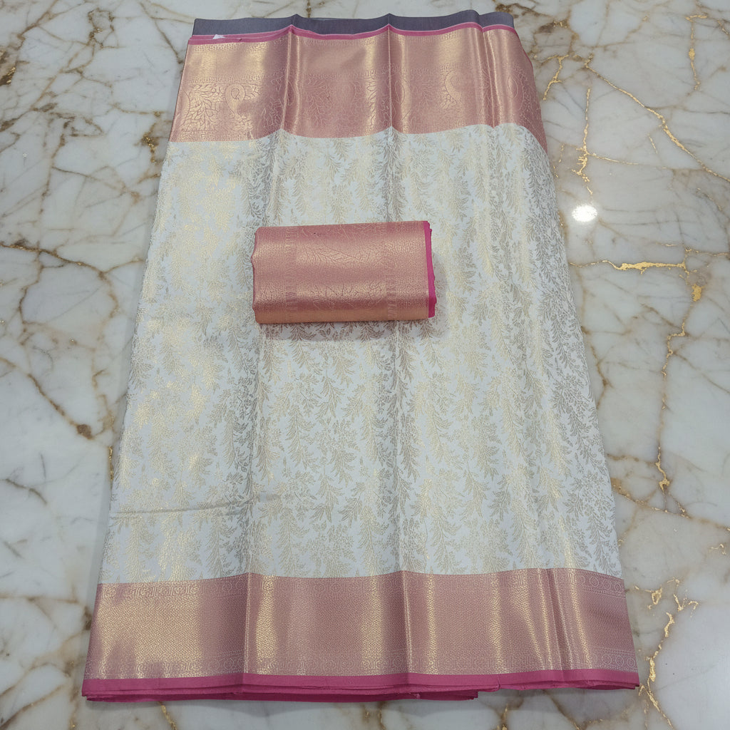 Kanchipuram Silk Saree with full gold zari weaving in Light Cream color in contrast color border